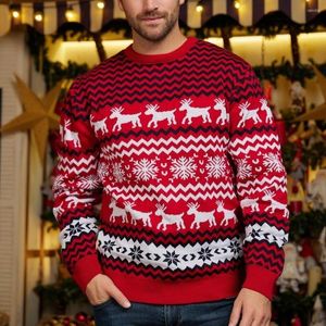 Herrenpullover, Jahreskleidung, Damen und Herren, rot, Weihnachten, Familie, Paare, Pullover, warm, dick, lässig, O-Ausschnitt, Strickwaren, Winter, Langarm