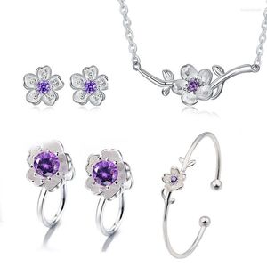 Necklace Earrings Set Fashion Cherry Blossoms Pendant Clip Bracelet Net Red Stud Bangle For Women Girl Gift