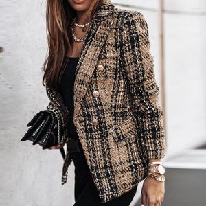 Women's Suits Autumn And Winter Fashion Lapel Double Breasted Plaid Long-sleeved Ladies Jacket Tops Women's Printed Temperament Suit