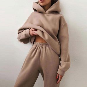 Gym Clothing Women Tracksuit Hoodies Casual Solid Long Sleeve Fleece Warm Hooded Sportswear Suit Hoody Pullovers Pant Two Pieces Sets