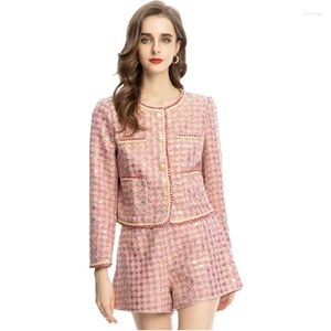 Women's Tracksuits Janeyiren Fashion Show Fall/Winter Shorts Suit Women Luxury Sequined Long-sleeved Coat And Pink Two-piece Set