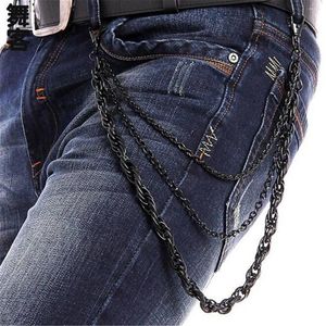 Keychains Men's Three Line Motorcycle Key Chain Denim Wallet Black 3 Layers Waist Punk Crochet Pants Trousers Belt Hip Hop Jewelry