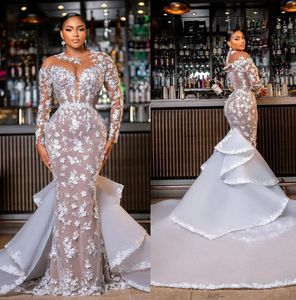 Plus Size Mermaid Wedding Dresses Illusion African Bridal Gown Custom Made 3D Flowers Wedding Gowns