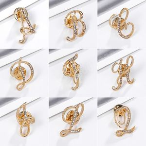 Women A-Z Letter Brooch Shiny Rhinestones Gold Color English Capital Alphabet Metal Brooch Pins Lady Elegent Jewelry Accessories