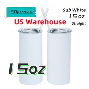 US Warehouse 15 unz sublimacja proste chude kubki z czystymi słomkami ze stali nierdzewnej puste białe podwójne ściany Izolowane kubki podróżne Lokalne 50pcs B5