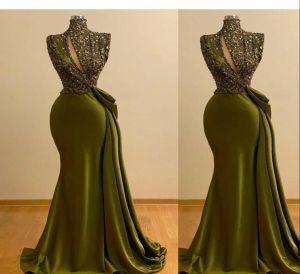 2023 Olive Green Mermaid Evening Dresses paljetter ärmlös designer High Neck Sweep Train Custom Made Formal OCN Wear Arabic Prom Gown Vestidos 401 401