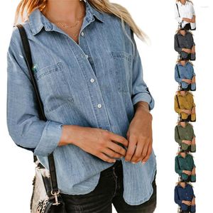 Women's Blouses Women's Denim Shirt Autumn Loose Double Pocket Long-sleeved Solid Color Lapel Button-Up Blouse