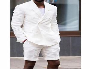 Yaz Beyaz Erkek Takas Çift Kruvaze Blazer Kısa Pantolon İki Parça Tasarladı Erkek Ceket Düğün Damat Smokinos11376940