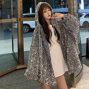 QNPQYXファッションラグジュアリー光沢のあるスパンコールジャケット女性韓国スタイルルーズブリングブリングブリングフード付きコートレディースニューストリートウェアトレンディジャケット