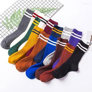 Women Socks Fashion Women's Long Calf Length Striped Sock College Style Cotton Kawaii Cute White Purple Crew Dropship