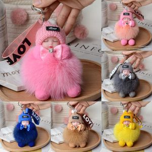 Schlafende Puppe Schlüsselanhänger Fuchs Pompom Ball Damen Schmuckbeutel Hängendes Fellzubehör Auto Schlüsselanhänger Weicher Kunstpelz Ball Anhänger