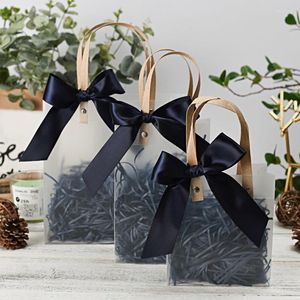 Gift Wrap Tote Black Soft PVC Packaging Bags With Hand Loop Large Ribbon Bow Plastic Handbag For Christmas Festival Presents Pack