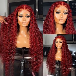 13x4 cor vermelha 180% Curly Human Hair Wigs para mulheres 99J Borgonha transparente Wave Deep Lace Frontal Wig Synthetic