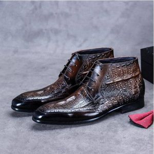 Bottes en cuir de Crocodile marron noir hommes mode haut fermeture éclair Cowskin Combat chaussons chaussures grande taille 38-46