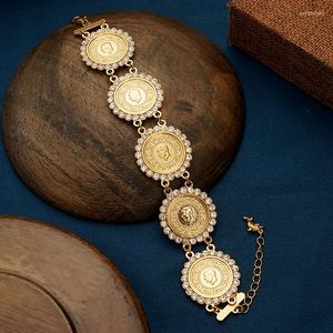 Charm Bracelets Ottoman Turkish Coin Chain Bracelet Gold Plated Flower Shape Crystal Women Cuff Bangles Arabia Wedding Jewelry Bridal Gifts