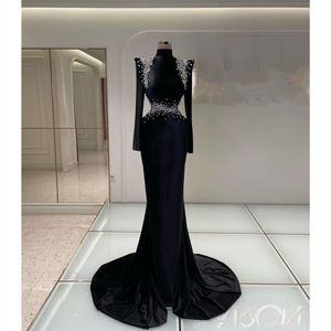 Nuovo arrivo elegante sirena abiti da sera collo alto maniche lunghe Veet perline diamanti treno paillettes applique celebrità vestito da ballo taglie forti su misura