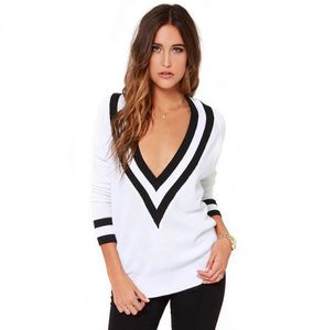 Whole Women Slim Black Striped deep V neck wind navy white knitted sweater Jumper Pullover Knitwear blouses pull femme4284833