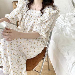 Women's Sleepwear Polka Dot Ruffles Short Sleeve Dress Home Clothes Women Nightgown Square Collar Crepe Cotton Ladies Nightdress Sleep D217