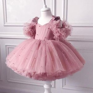 Girl Dresses Toddler Fluffy Pink Beading Party For Baptism Kid Princess Gown 1st Birthday Wedding Tulle Bridesmaid Evening Dress