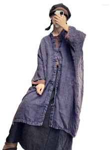 Frauen Trenchcoats QPFJQD Weibliche Hohe Qualität Grau Blau Leinen Mantel Lose Taste Retro Trenchs 2023 Frühling Herbst V-ausschnitt Frauen fledermaus Ärmel