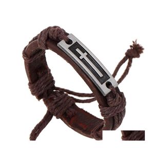 Link Chain Vintage Leather Bracelets Bangles Metal Cross Jesus Charm Bracelet Adjustable Wax Cord For Men Women Drop Delivery Jewelr Otybj