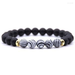 Strang 5 Naturstein 8mm gestreift schwarz mattiert Armbänder elastische Buddha Perlen Yoga Energie Armband Schmuck