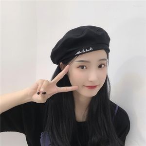Berets Korean Version Of Spring And Summer Beret Women's Satin Embroidery Nude Joker Sunscreen Age-reducing Flat-top Painter Hat Tide