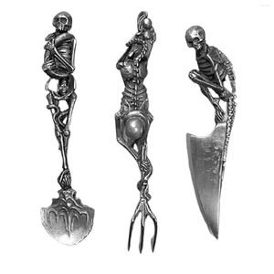 Servis uppsättningar Western Skeletal Cutery Set 3 -stycken Babelformulär Rostfritt stål Black Spoon Fork Knivmiddag Halloween gåva