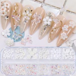 Box F￤rgglada olika kronbladblommor Bow Ties Glazed Pearl 3D Nail Art Decorations Charms Glitter Supplies Tools Jewelry257L