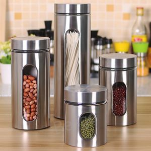 Kitchen Stainless Steel Cylinder Storage Jar Food Visible Preservation Sealed Tanks Box Beans Peanut Containers Organization BH8102 TQQ