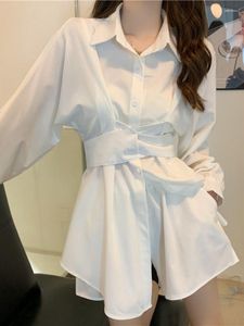 Women's Blouses QWEEK Office Ladies Wrap White Shirts Women Korean Fashion Kpop Slim Belt Blouse Design Long Sleeve Tops 2022 Autumn