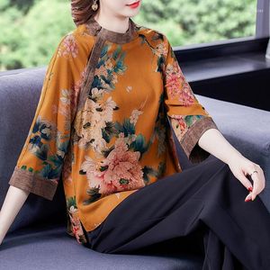 Etnik Giyim 2022 İlkbahar ve Sonbahar Çin tarzı Yapay-Silk Kadınlar Bluz O-Neck Cheongsam Top Şakayık Baskı Elegent Shirt KK4225