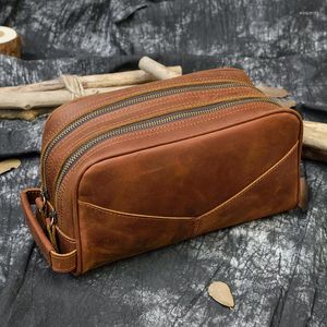 Portafogli Vintage Uomo Grande Pochette in Pelle di Cavallo Pazzo Doppio Strato Portafoglio Genuino Zip Intorno Portamonete Lungo Grande