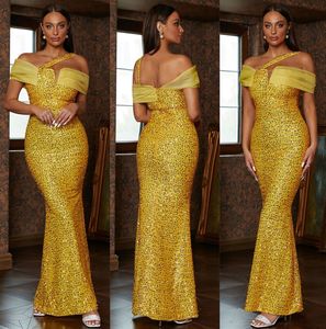 Exquisite Bright Yellow Prom Dresses Mermaid Sequined Party Dresses Off Shoulder Graceful Custom Made Evening Dress