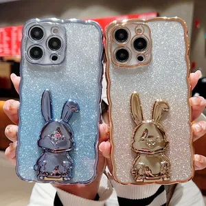 Luxo 3D Rabbit Helder Casos de telefone metálicos para iPhone 14 Pro Max 13 12 11 Xr xs x 8 7 Plus Paper Bling Glitter Shinny Sparkle Blaning Plating Soft TPU Câmera Tampa da lente da câmera