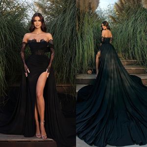 Sexy Black Mermaid Evening Dresses Strapless High Split Prom Dress Modern Lace Formal Party Gowns Custom Made