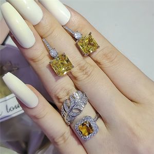 2022 Brand Wedding Jewelry Sets Luxury 925 Sterling Silver Princess Cut Yellow Topaz CZ Diamond Eternity Dangle Earring Open Adjustable Feather Ring For Lover Gift