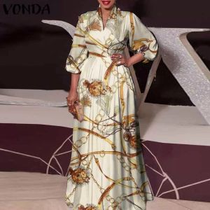 Plus Size Dresses VONDA 2022 Autumn Women Long Sleeve Maxi Vintage Floral Printed Holiday Sundress Robe Longues