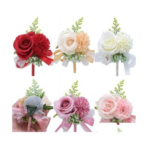 Fiori decorativi Ghirlande Fiore Polso Cor Fiore all'occhiello Braccialetto fatto a mano Rosso Rosa Peonia artificiale Rosa Cors Matrimonio Br Homefavor Dhn85