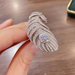 Ins Top Sell Wedding Rings smycken Sterling Sier Pave White Sapphire Cz Diamond Gemstones Eternity Feather Open Justerbar ring för älskare