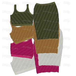 Letters Knit Women Dress Cropped Sleeveless Knitted Camisole Skirt Set INS Trendy Tank Tops Midi Skirts 4 Colors