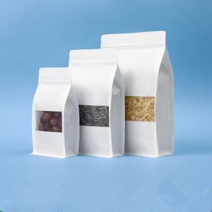 Weißer Stand-Kraftpapier-Verpackungsbeutel mit Fenster, Aluminiumfolie, laminierend, mit Reißverschluss, Lebensmittel-Heißsiegelverpackung, Backen, Süßigkeiten, Tee, wiederverschließbarer Beutel