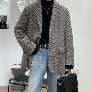 M￤ns kostymer Autumn Woolen Blazer Men Fashion Society Mens Dress Jacket Korean Loose Plaid Suit Formal M-XL