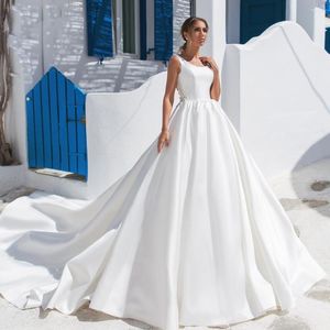 Wedding Dress UETEEY Matte Satin Dresses O-Neck Sleeveless Backless Court Train Plus Size Elegant A-Line 3D Flowers Gowns 2022
