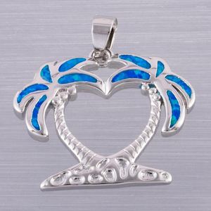 Pendant Necklaces KONGMOON Double Palm Trees Ocean Blue Fire Opal Silver Plated Jewelry For Women Necklace