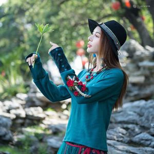 Ethnic Clothing Embroidery National Style Slim T-shirt Women Vintage Elegant Traditional Hanfu Tops Chinese Tang Suit Shirt Long Sleeve