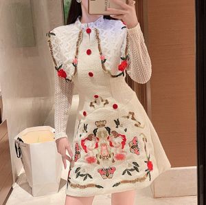 Women's stand collar embroidery flower lace patched long sleeve tweed woolen cupid pattern dress SML