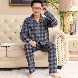 M￤ns s￶mnkl￤der Plaid Men Pyjamas Suit Nattkl￤der Bomulls nattkl￤nning S￶mn Set Loose Home Wear Pyjamas Bathrobe Gown 2st Shirtpants