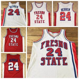Anpassad retro Chris Herren #24 Fresno Basketball Jersey College Stitched White Red Shirt Size S-4XL Alla namn och nummertröjor