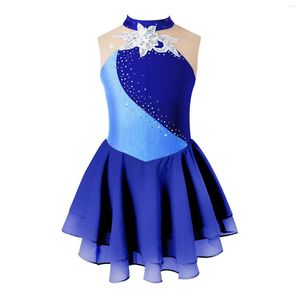 Stage Wear Kids Girls Shiny Rhinestone Sequins Ballet Dance Dress Round Collar Floral Decorated Patchwork Figure Ice Skating